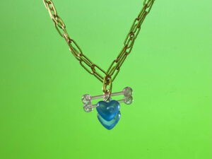 Collier en acier inoxydable doré, coeur bleu transparent et piercing rose pailleté en plastique